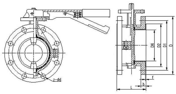 D41F手動法蘭蝶閥，不銹鋼法蘭蝶閥，襯四氟法蘭蝶閥結(jié)構(gòu)尺寸